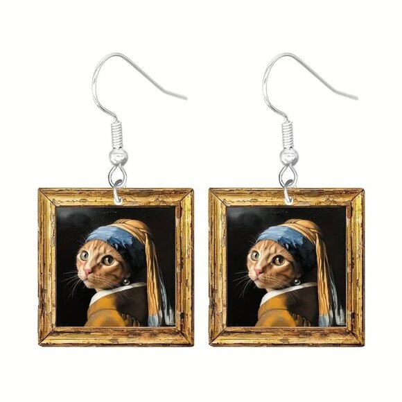 #03 Cat with a pearl earring earrings funny artwork eclectic animal lover - Picture 1 of 1
